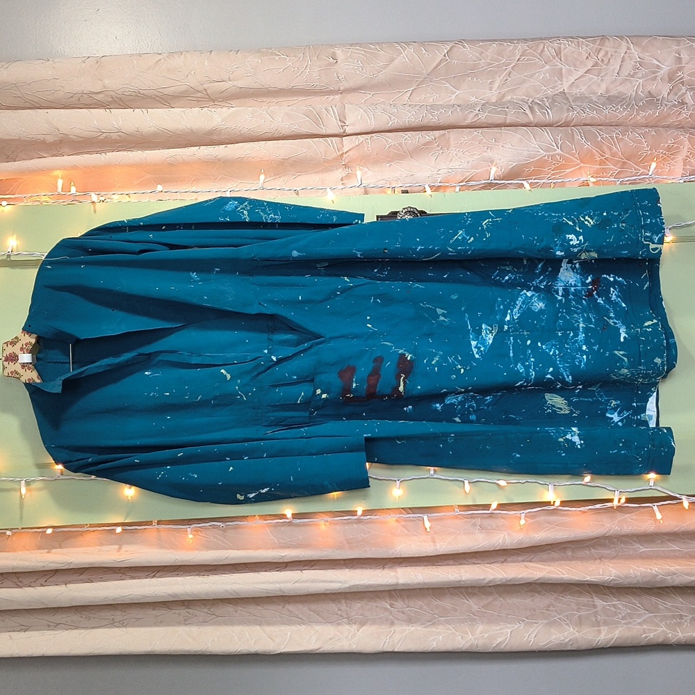 Women's Authentic Amish Dark Aqua Long-Sleeve Paint-Splatter Dress M